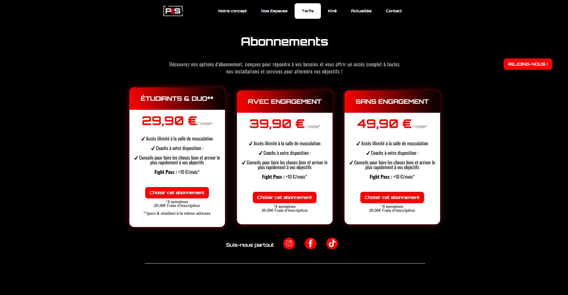 Page des abonnements du site Physio2sport